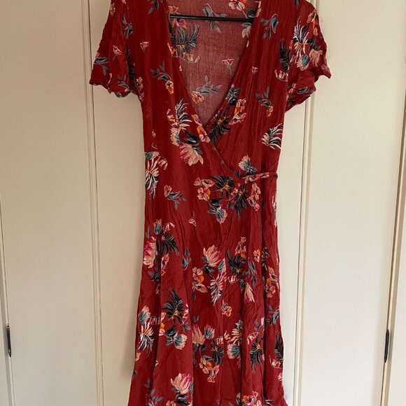 Lulus Rust Red Tropical Print Wrap Midi Dress - Picture 4 of 5